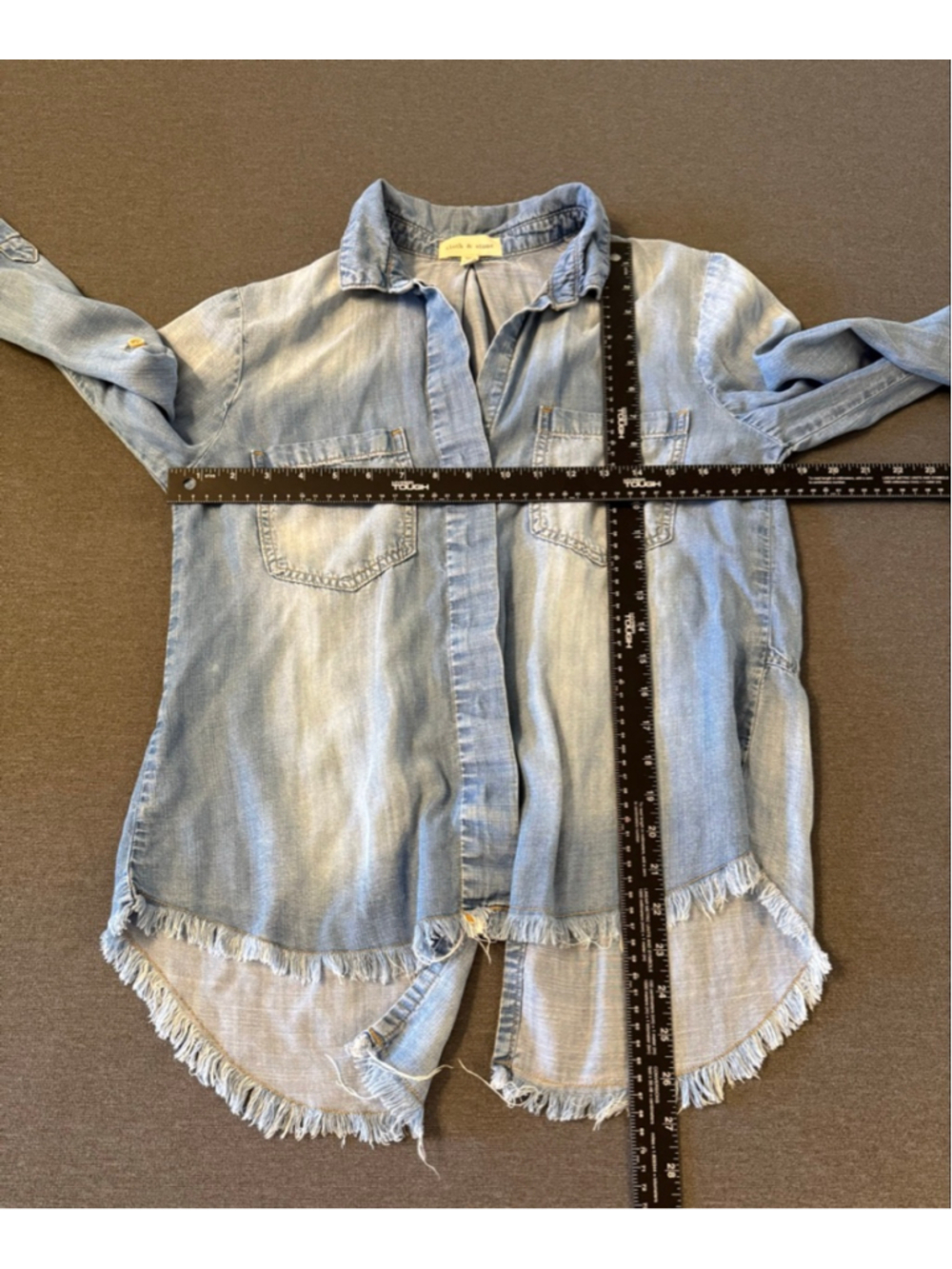 Anthropologie Cloth & Stone Size Small Blue Chambray Fringed Hem Top - Picture 4 of 7